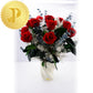 Twelve Classic Long Stem Roses In A Vase